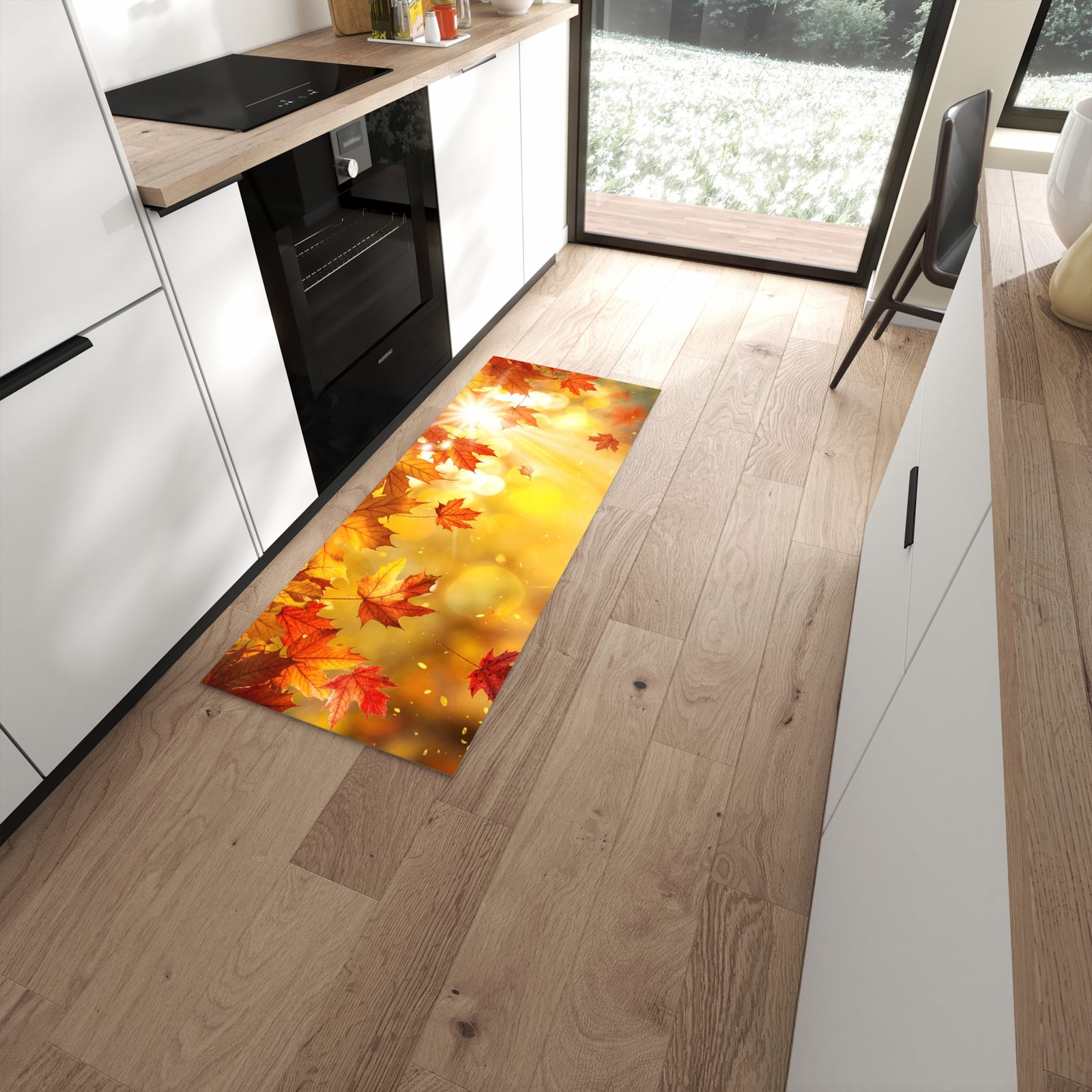 Wasserabweisender Bodenläufer mit Motiv Herbstblätter Sonne in moderner Küche #grösse_60 x 150 cm