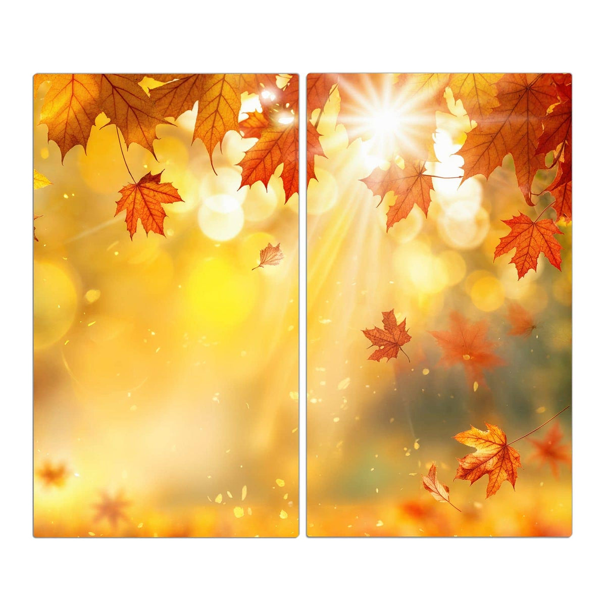 Rote Ahornblätter im Gegenlicht, Sonnenstrahlen und goldenes Bokeh