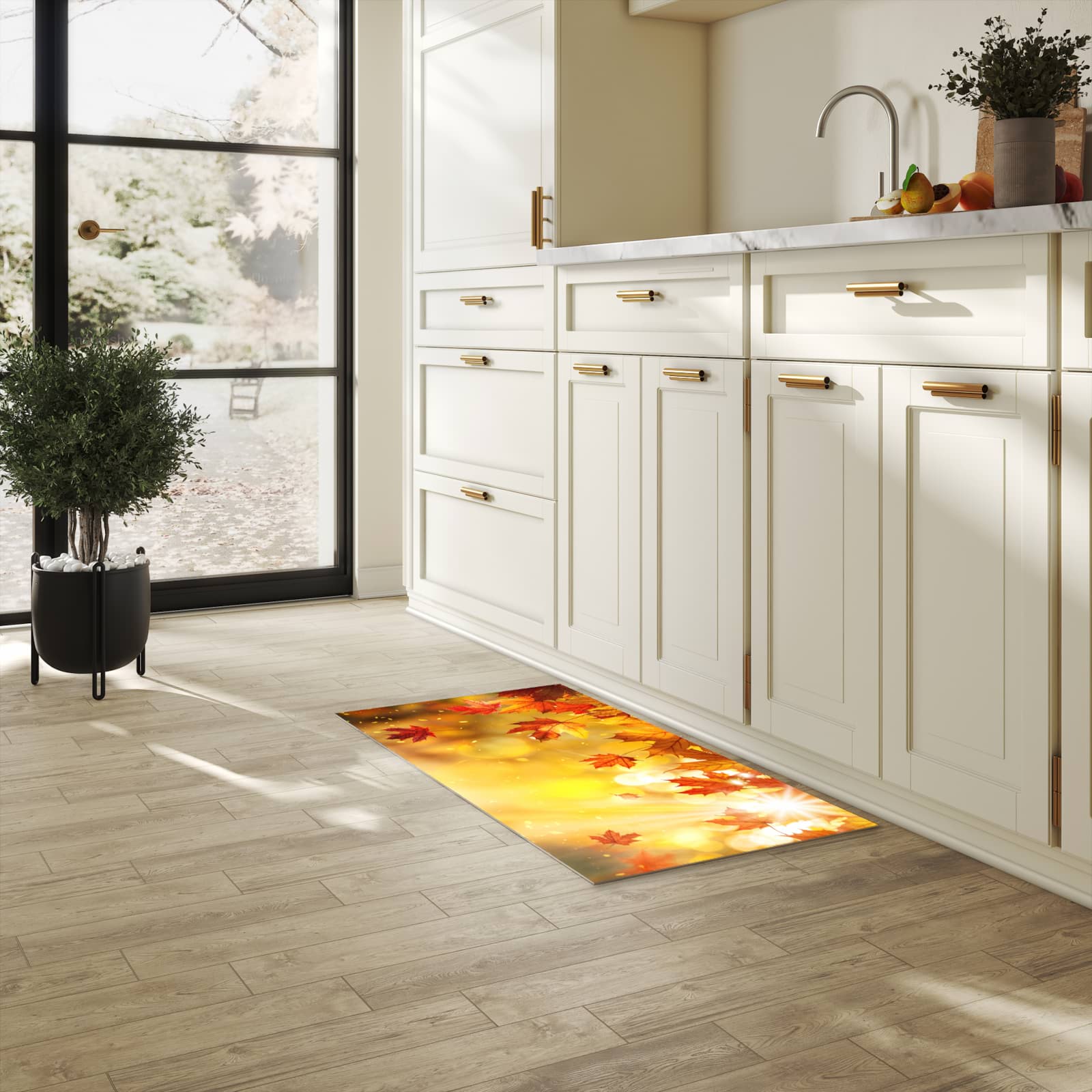 Feuchtigkeitsresistenter Bodenläufer mit Motiv Herbstblätter Sonne in heller Küche
