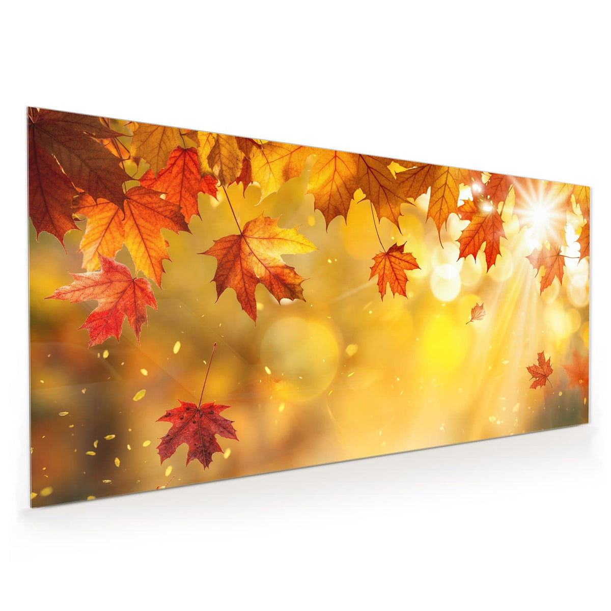 Küchenrückwand aus Glas im Hochformat: Rote Ahornblätter im Gegenlicht, Sonnenstrahlen und goldenes Bokeh