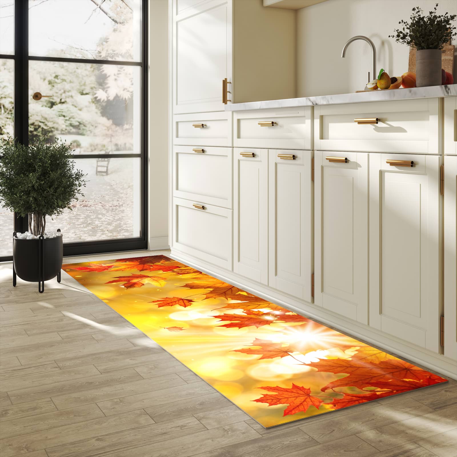 Abriebfester großer Küchenteppich mit Motiv Herbstblätter Sonne in heller Küche
