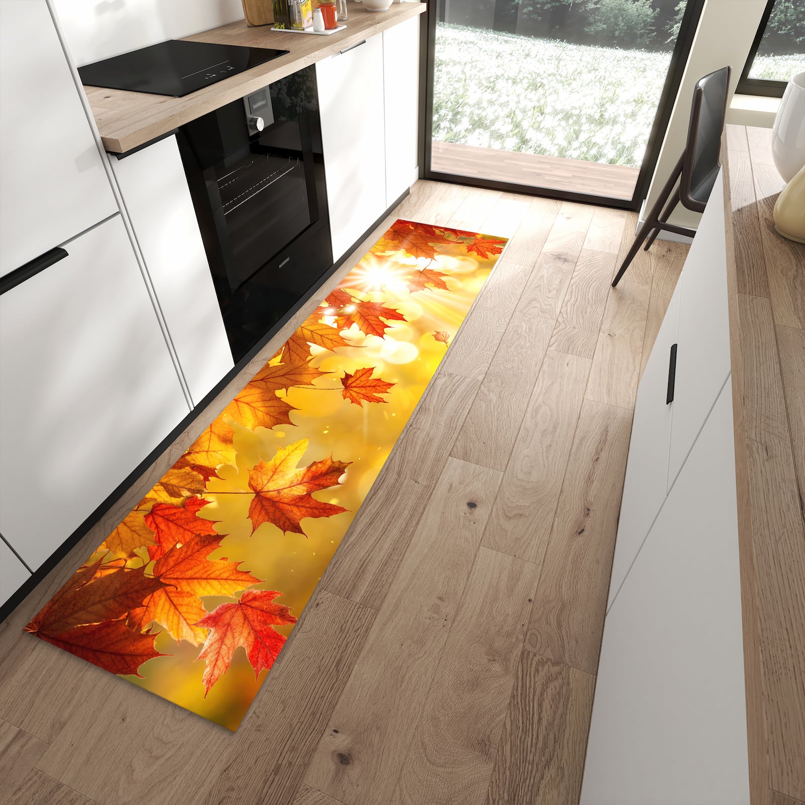 Schmutzabweisender Küchenteppich mit Motiv Herbstblätter Sonne in moderner Küche