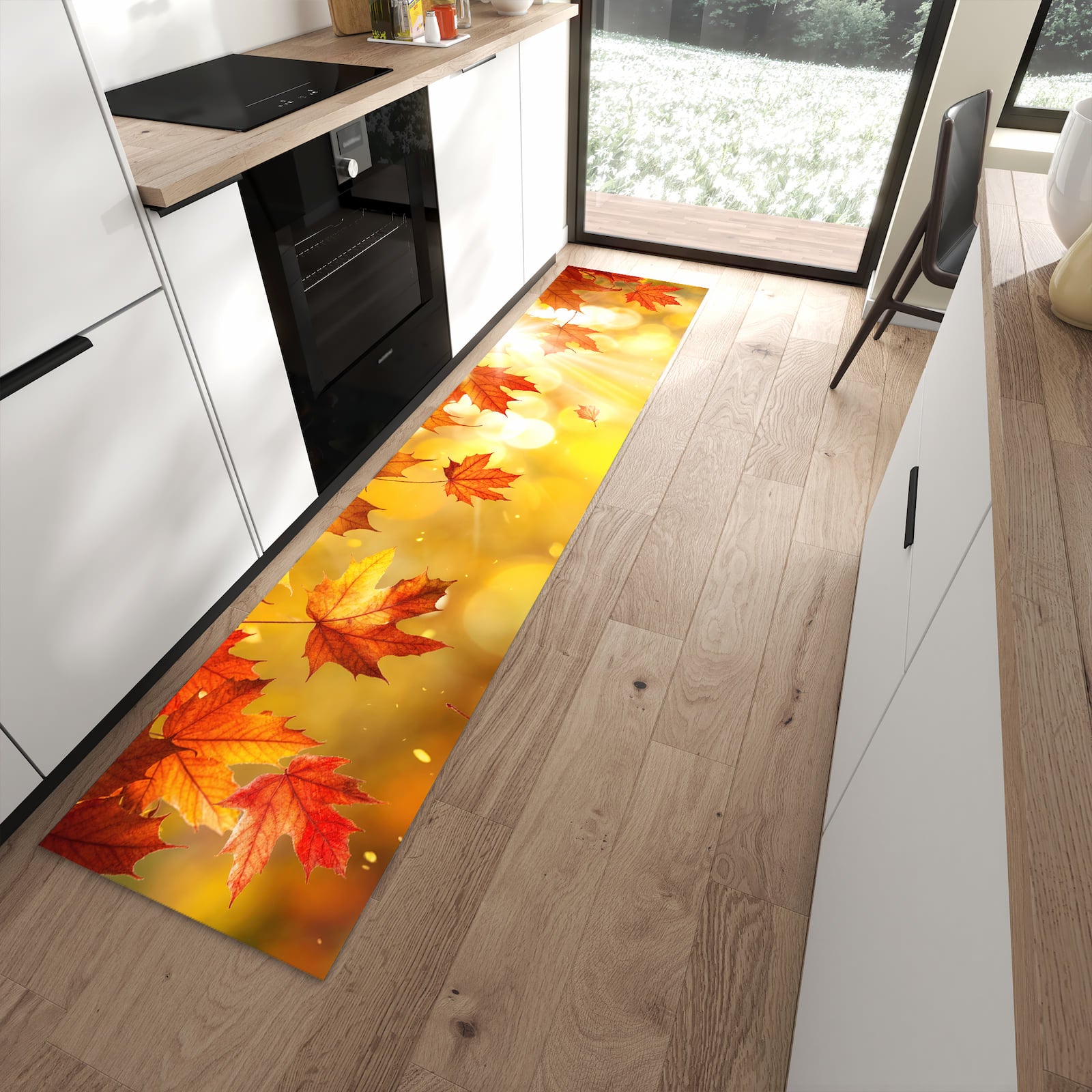Geruchsneutraler waschbarer Küchenteppich mit Motiv Herbstblätter Sonne in moderner Küche