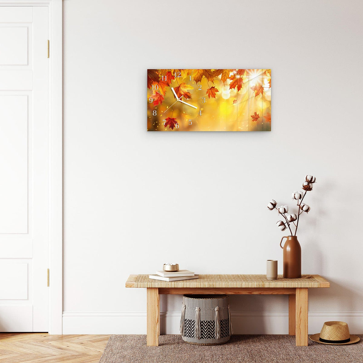 Moderne Wanduhr aus Glas mit Farbtiefe – Wanduhr Herbstblätter Sonne aus Glas – Querformat 60 × 30 cm