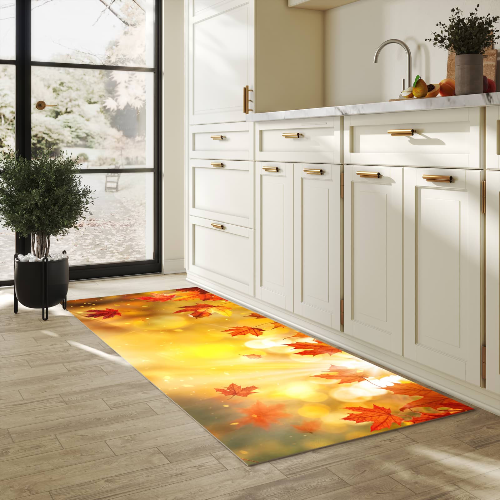Wasserabweisender Küchenläufer mit Motiv Herbstblätter Sonne in heller Küche