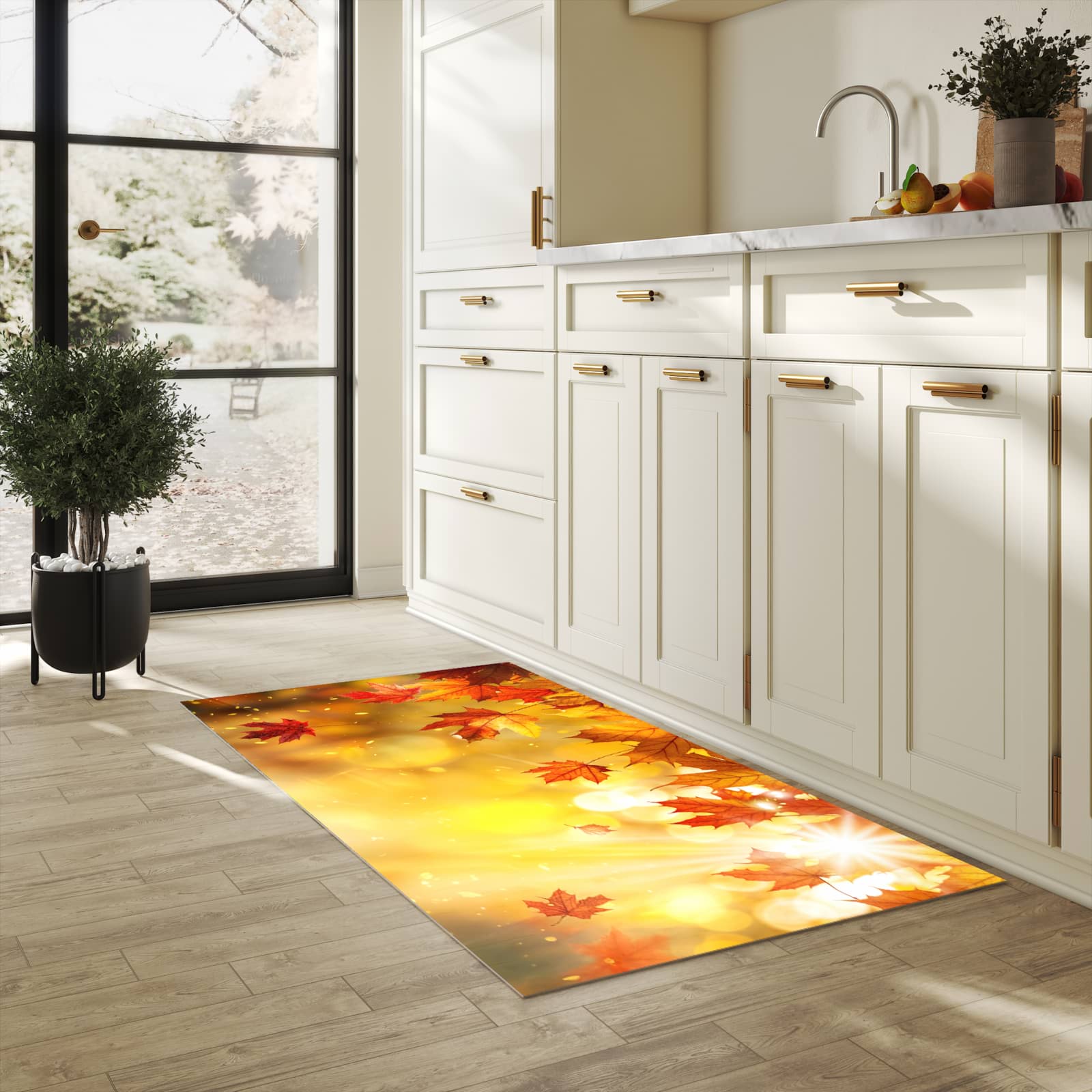 Waschbarer Küchenteppich mit Motiv Herbstblätter Sonne für Trittkomfort in heller Küche