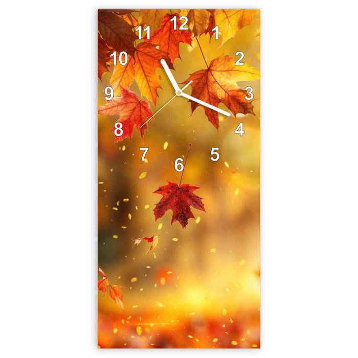 Wanduhr Herbstblätter Sonne aus Glas – Hochformat 30 × 60 cm mit Ziffernblatt Modern