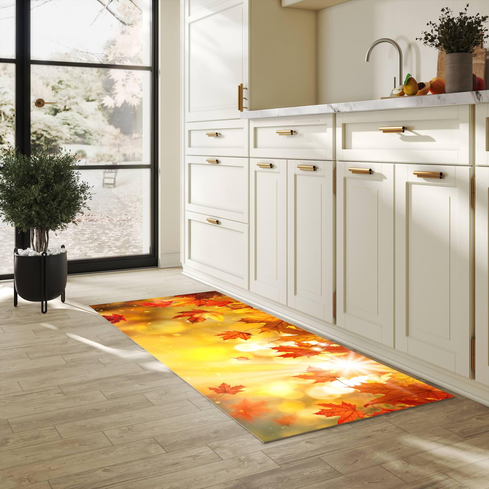 Zeitsparender Küchenteppich mit Motiv Herbstblätter Sonne in heller Küche - leicht waschbar