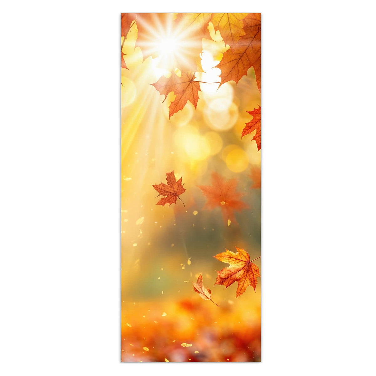 Rote Ahornblätter im Gegenlicht, Sonnenstrahlen und goldenes Bokeh