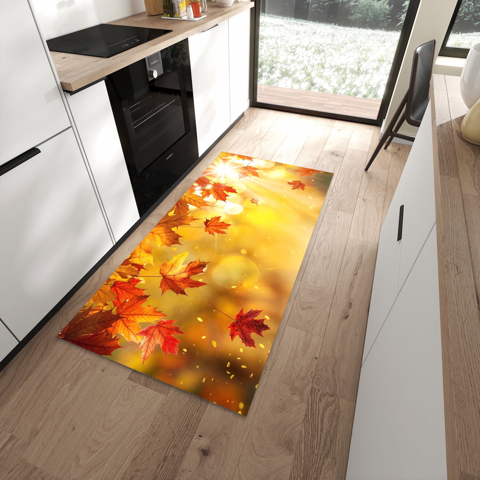 Rutschfester Küchenteppich mit Motiv Herbstblätter Sonne für angenehmes Stehen in moderner Küche