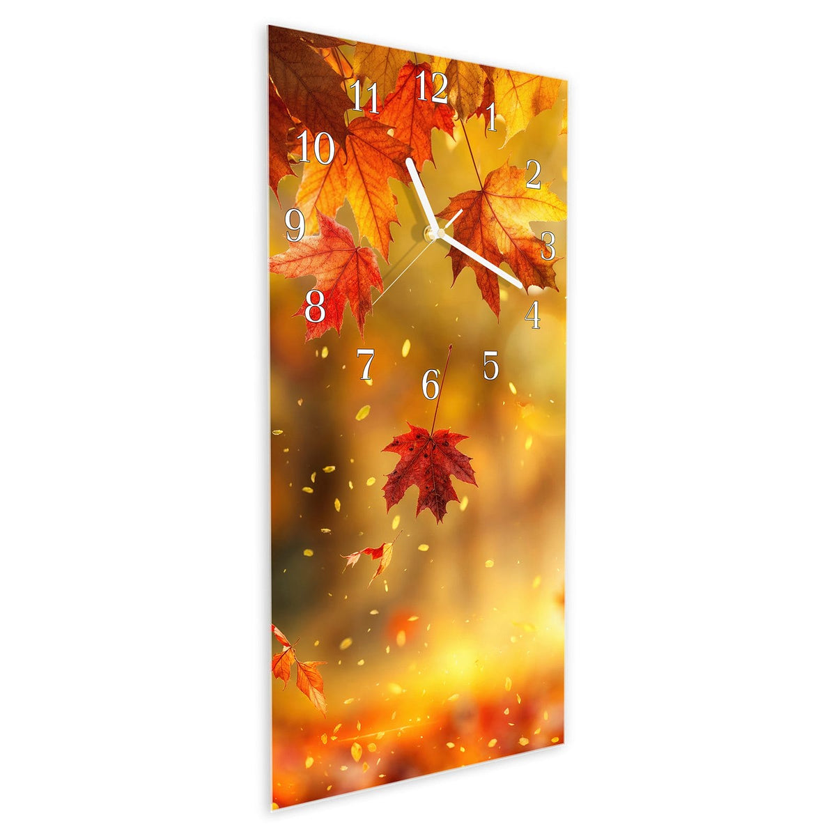 Vormontiert – mit Schwebeeffekt – Wanduhr Herbstblätter Sonne aus Glas – Hochformat 30 × 60 cm