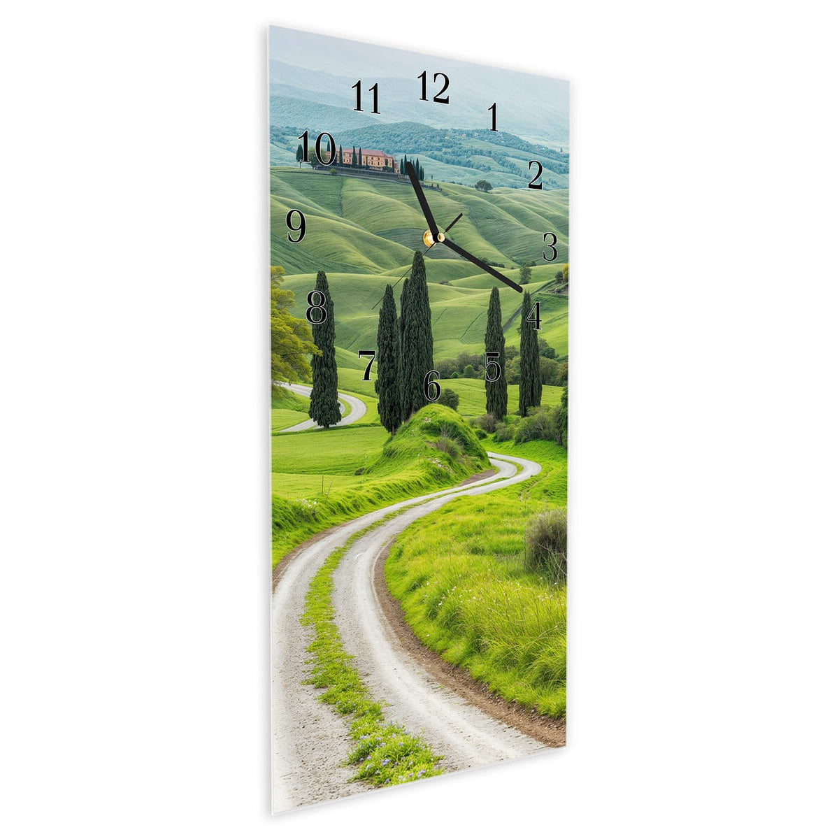 Vormontiert – mit Schwebeeffekt – Wanduhr Landschaft Italien aus Glas – Hochformat 30 × 60 cm