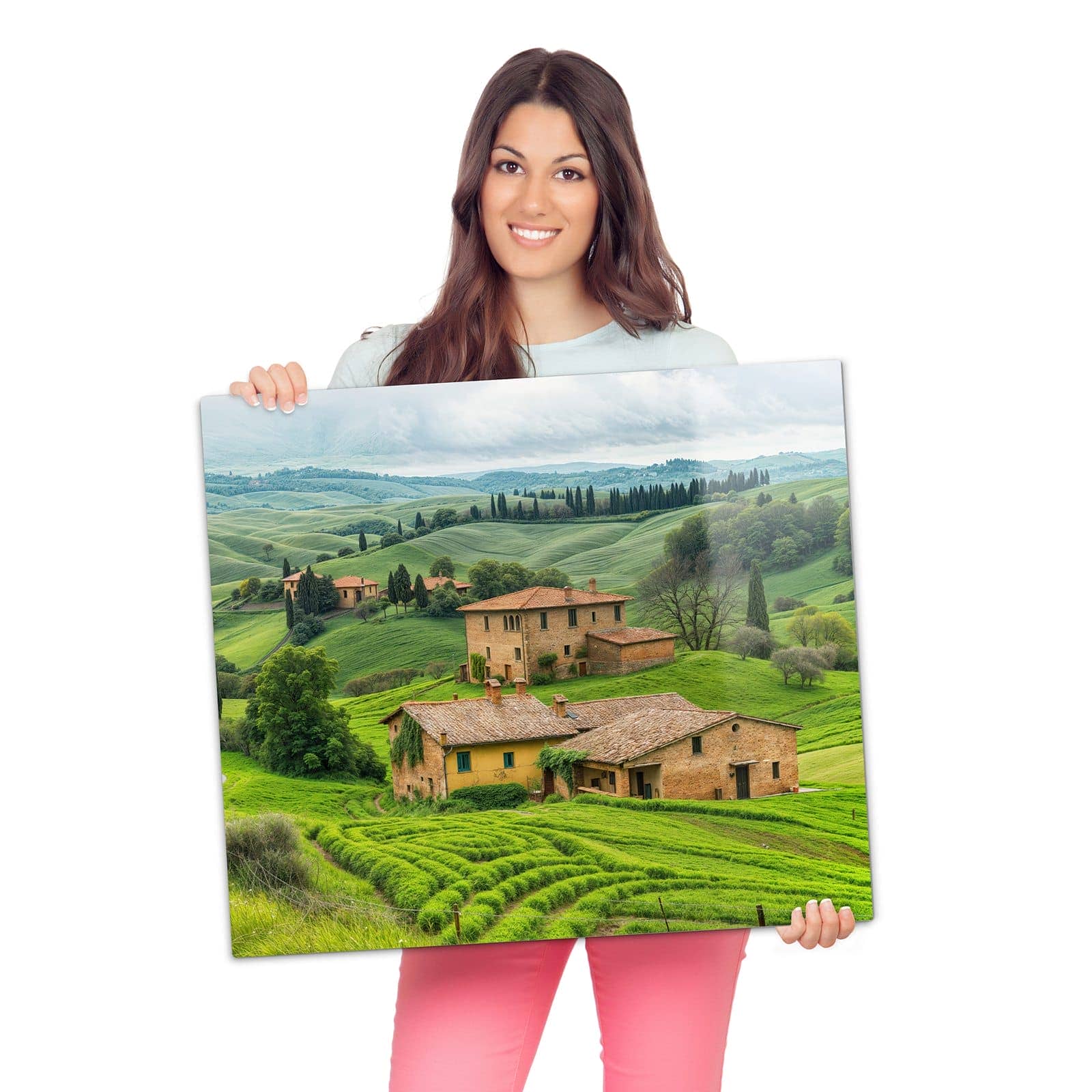 1-teilige Herdabdeckplatte aus Glas mit Landschaft Italien-Motiv wird zur Größendarstellung gehalten