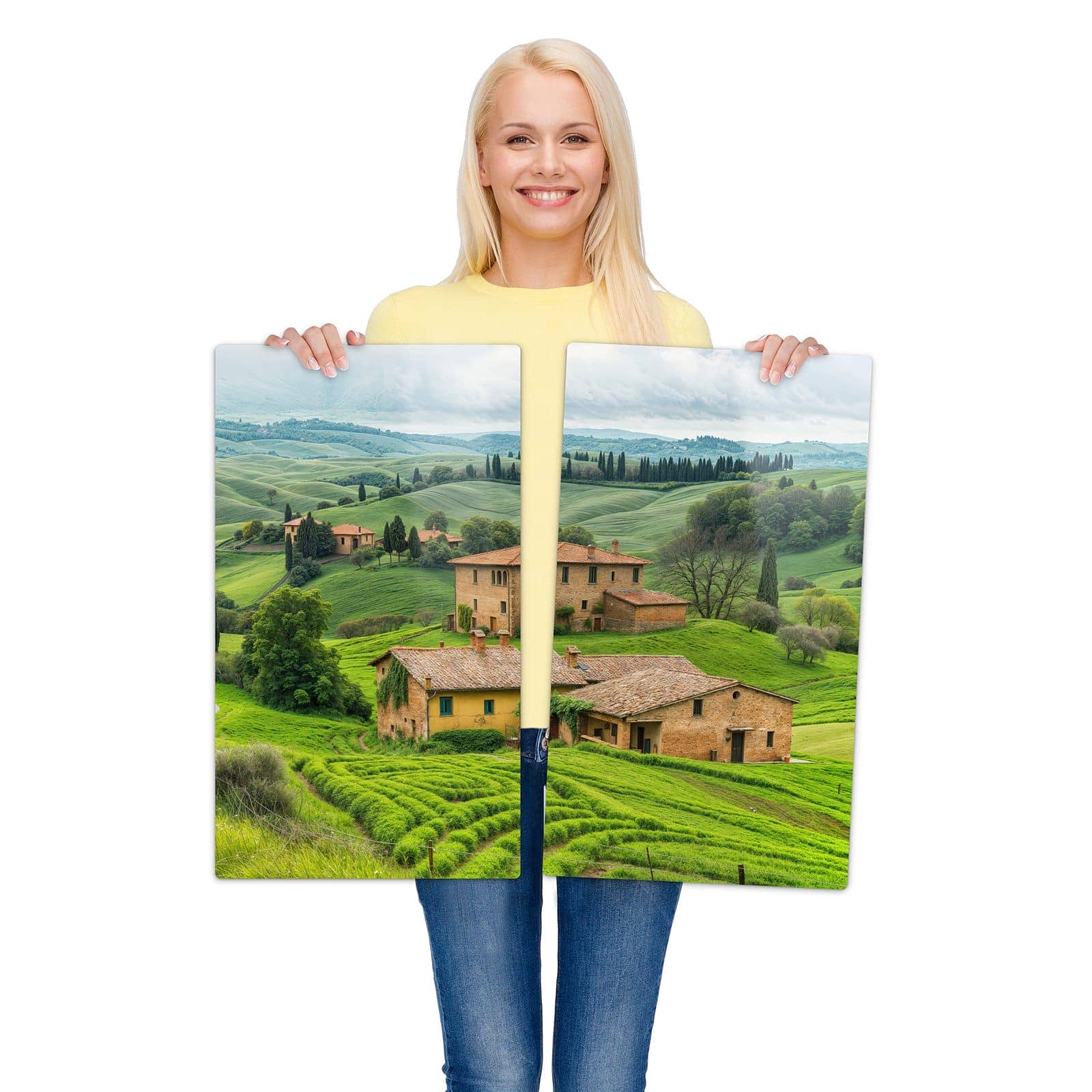 2-teilige Abdeckplatte für Ceranfeld mit Landschaft Italien-Motiv wird zur Größendarstellung gehalten