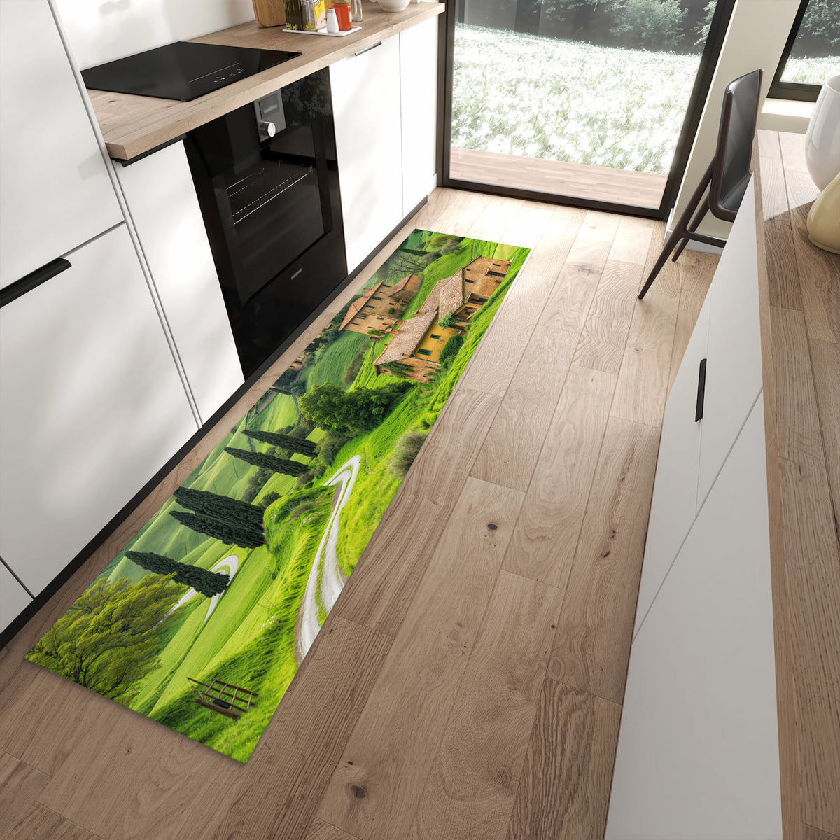 Bodenschonender waschbarer Läufer für die Küche mit Motiv Landschaft Italien in moderner Küche