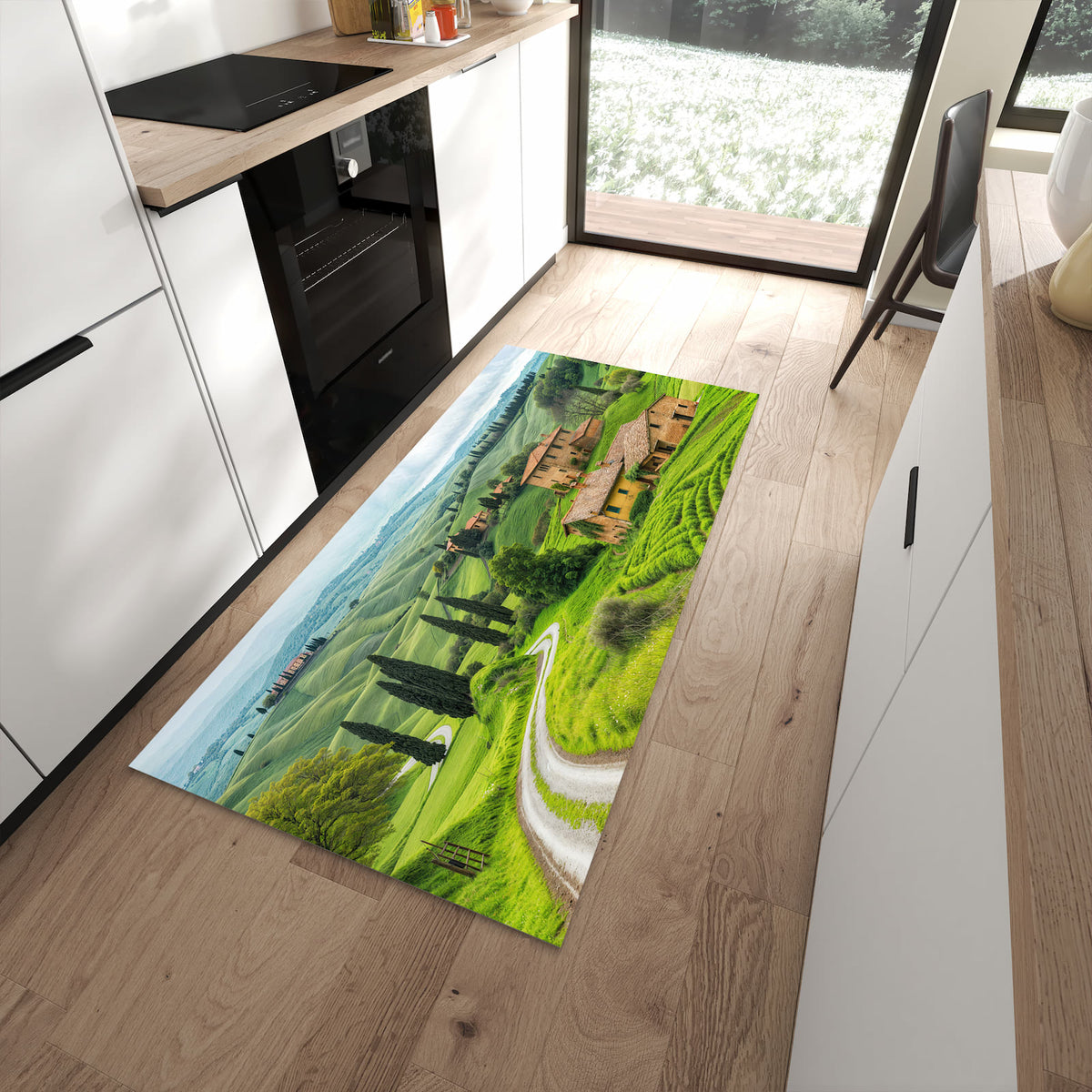 Abriebfester waschbarer Teppich fürs Esszimmer mit Motiv Landschaft Italien in moderner Küche