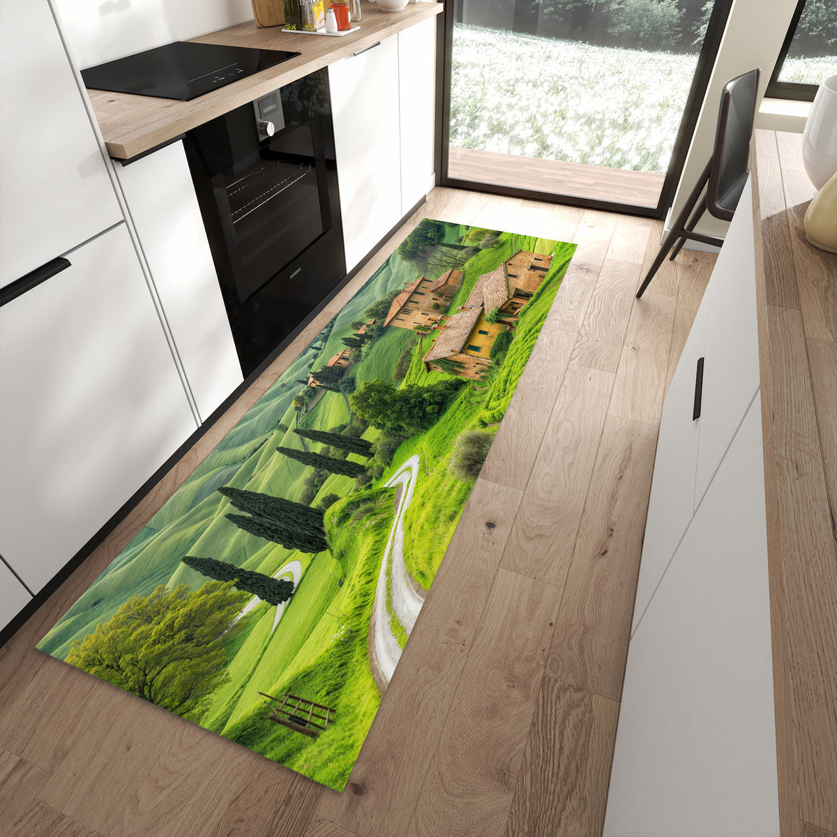 Dünner Küchenteppich mit Motiv Landschaft Italien in moderner Küche für sicheres Aufbewahren
