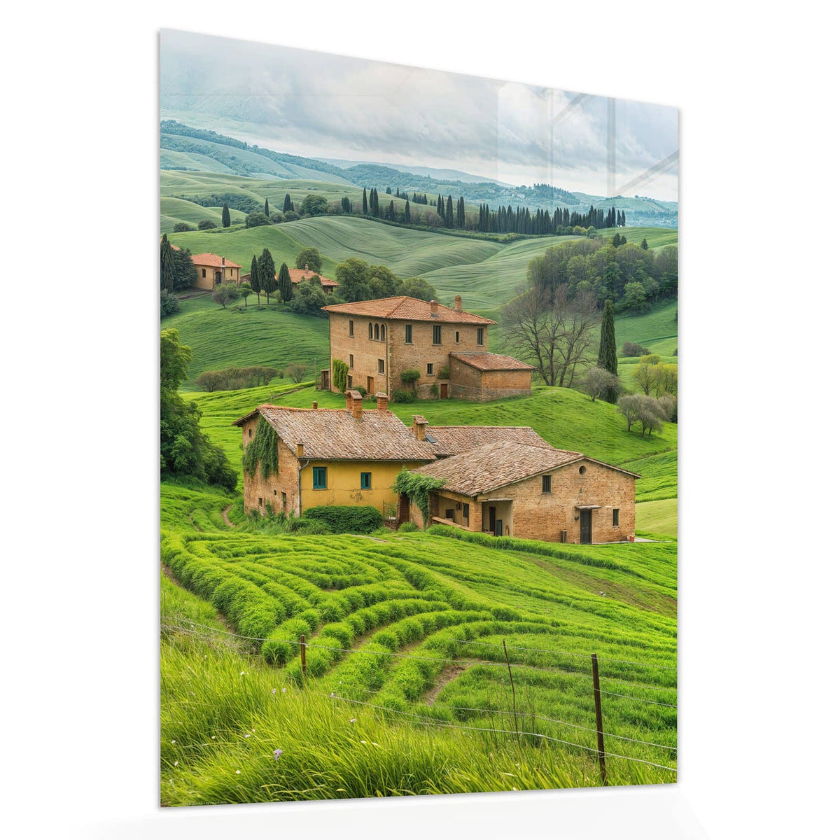 Echtglas, 4 mm – kein Acryl, keine Folie – Wandbild - Landhaus in der Toskana - Hochformat