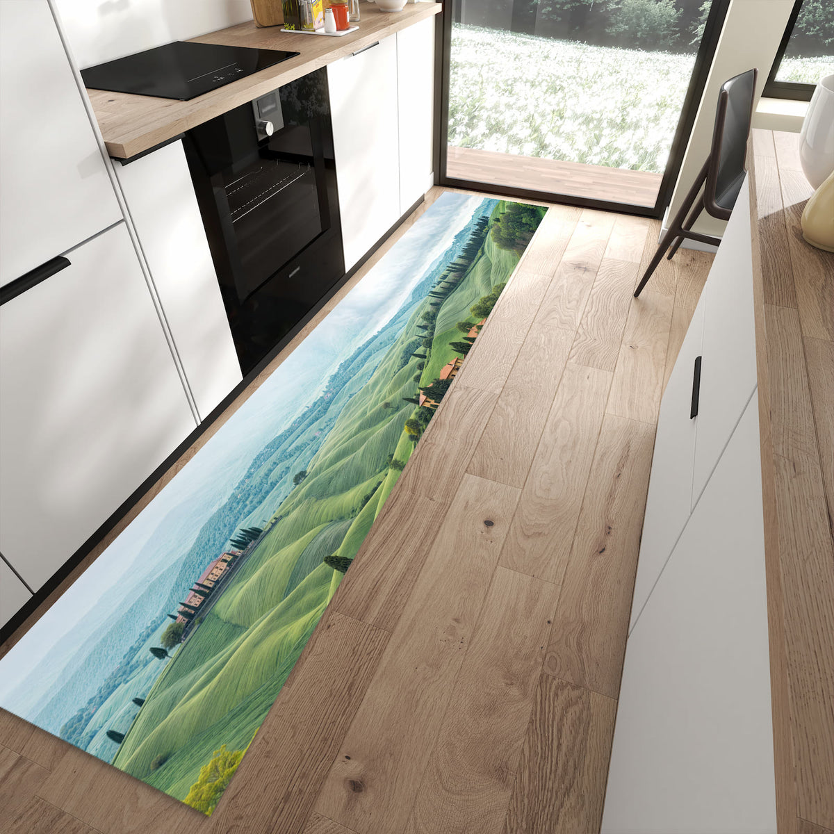 Bodenschonender langer Teppich mit Motiv Landschaft Italien in moderner Küche