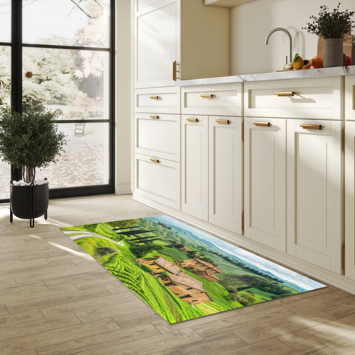 Langlebiger Teppich für Esstisch mit Motiv Landschaft Italien in heller Küche, waschbar