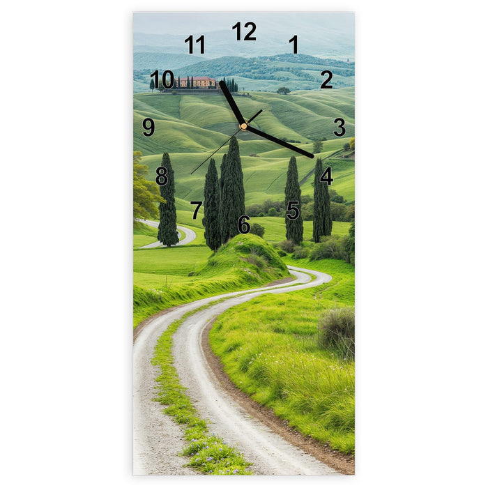 Wanduhr Landschaft Italien aus Glas – Hochformat 30 × 60 cm mit Ziffernblatt Modern