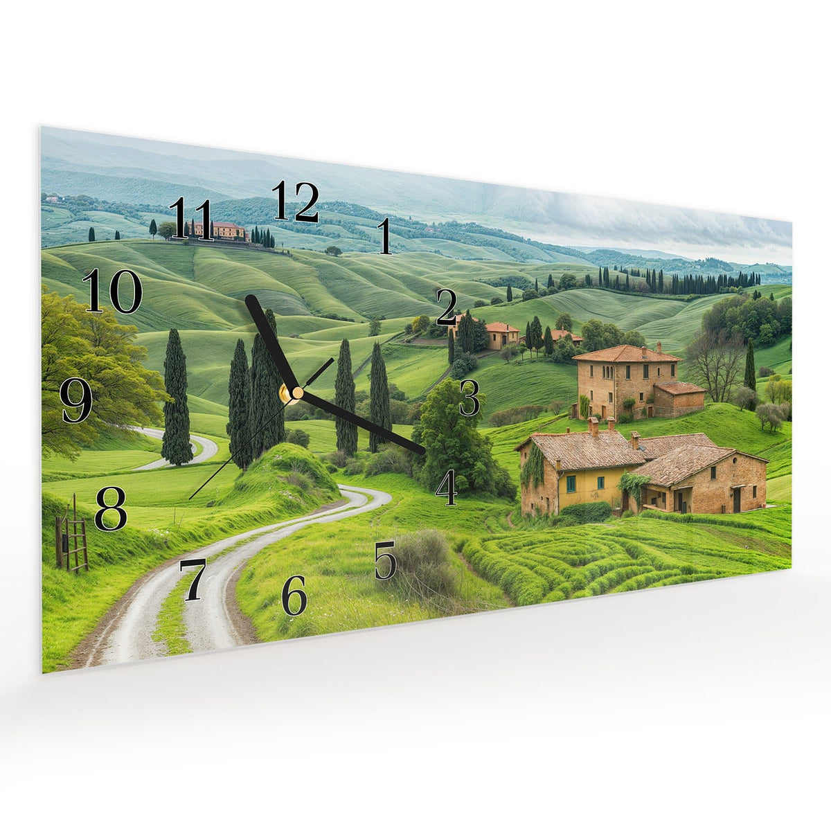Vormontiert – mit Schwebeeffekt – Wanduhr Landschaft Italien aus Glas – Querformat 60 × 30 cm