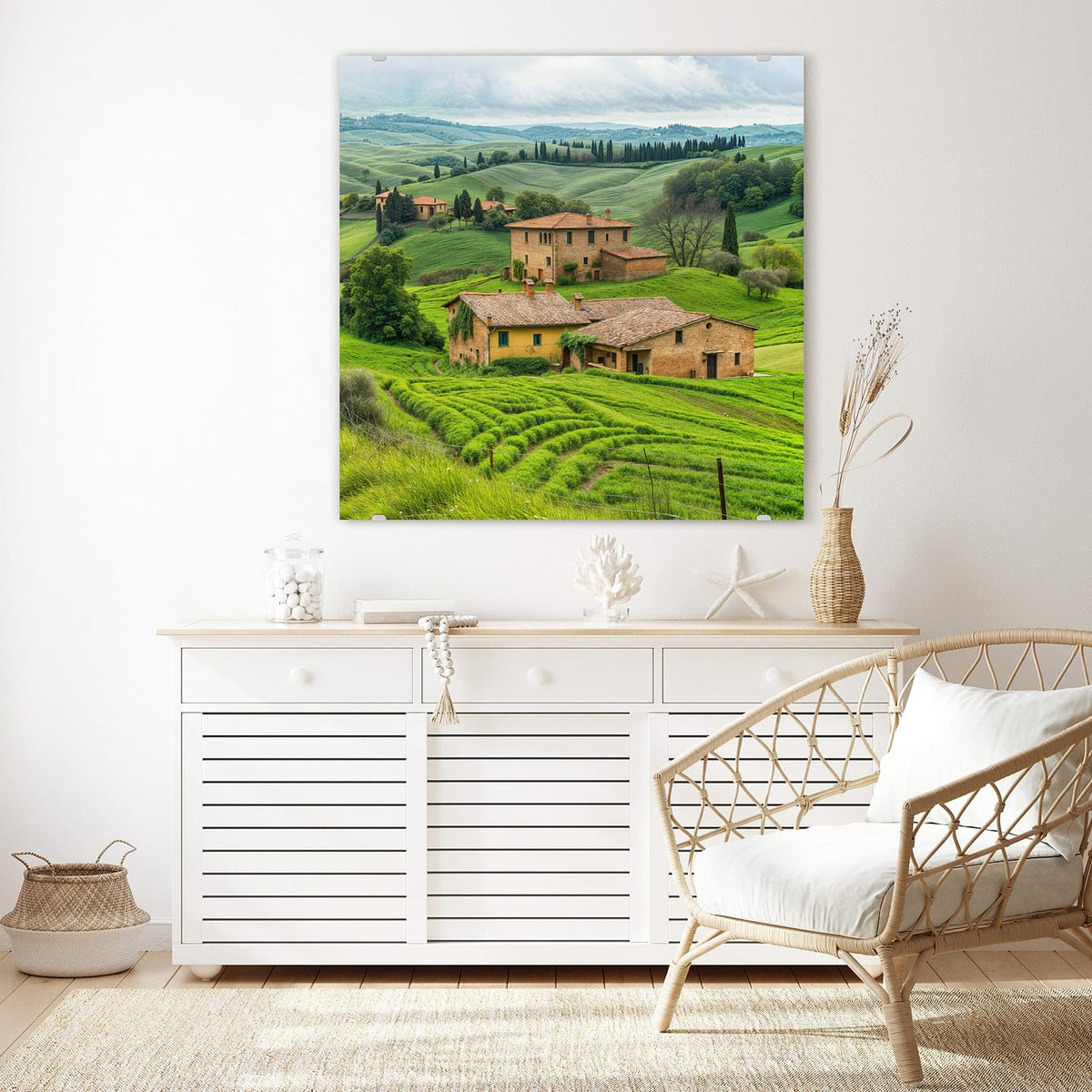 Echtglas, 4 mm – kein Acryl, keine Folie – Wandbild - Landhaus in der Toskana - Quadratisch