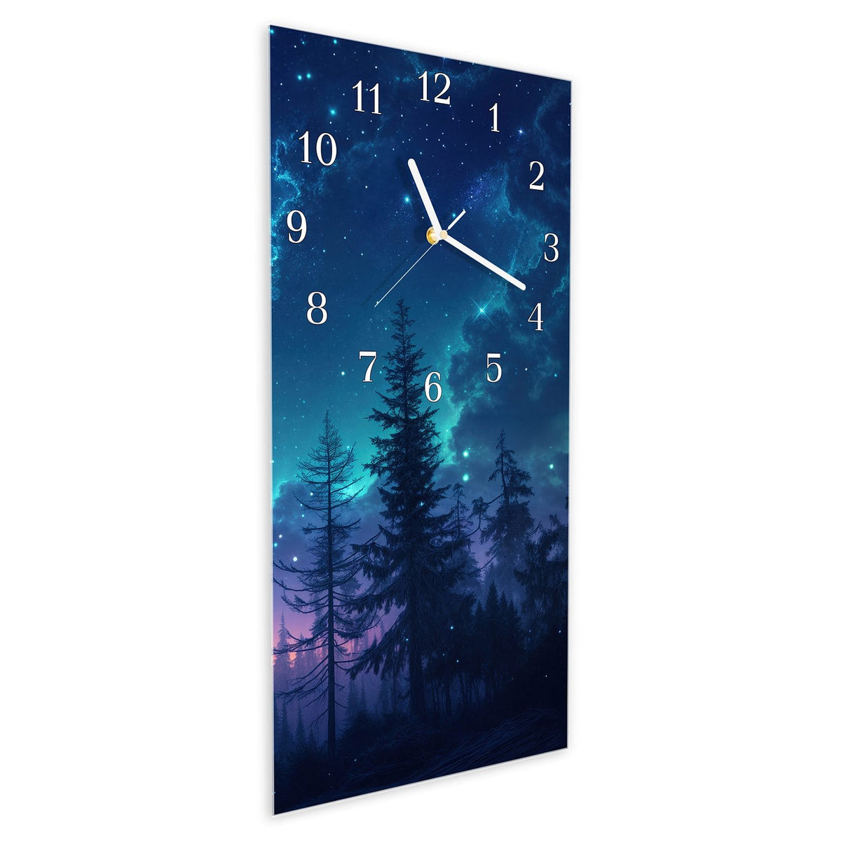 Vormontiert – mit Schwebeeffekt – Wanduhr Nachthimmel Wald aus Glas – Hochformat 30 × 60 cm