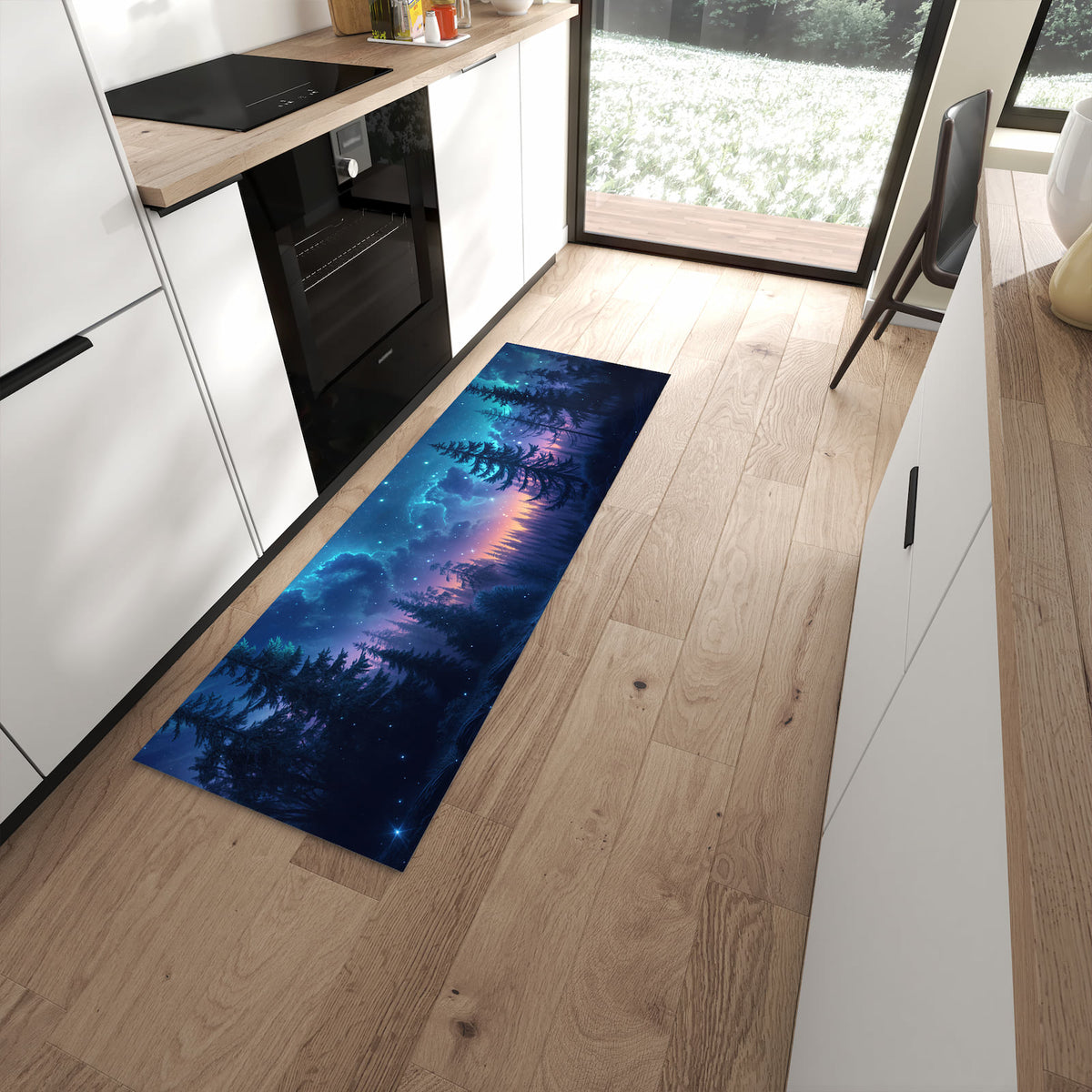 Geruchsneutraler Küchenteppich mit Motiv Nachthimmel Wald in moderner Küche