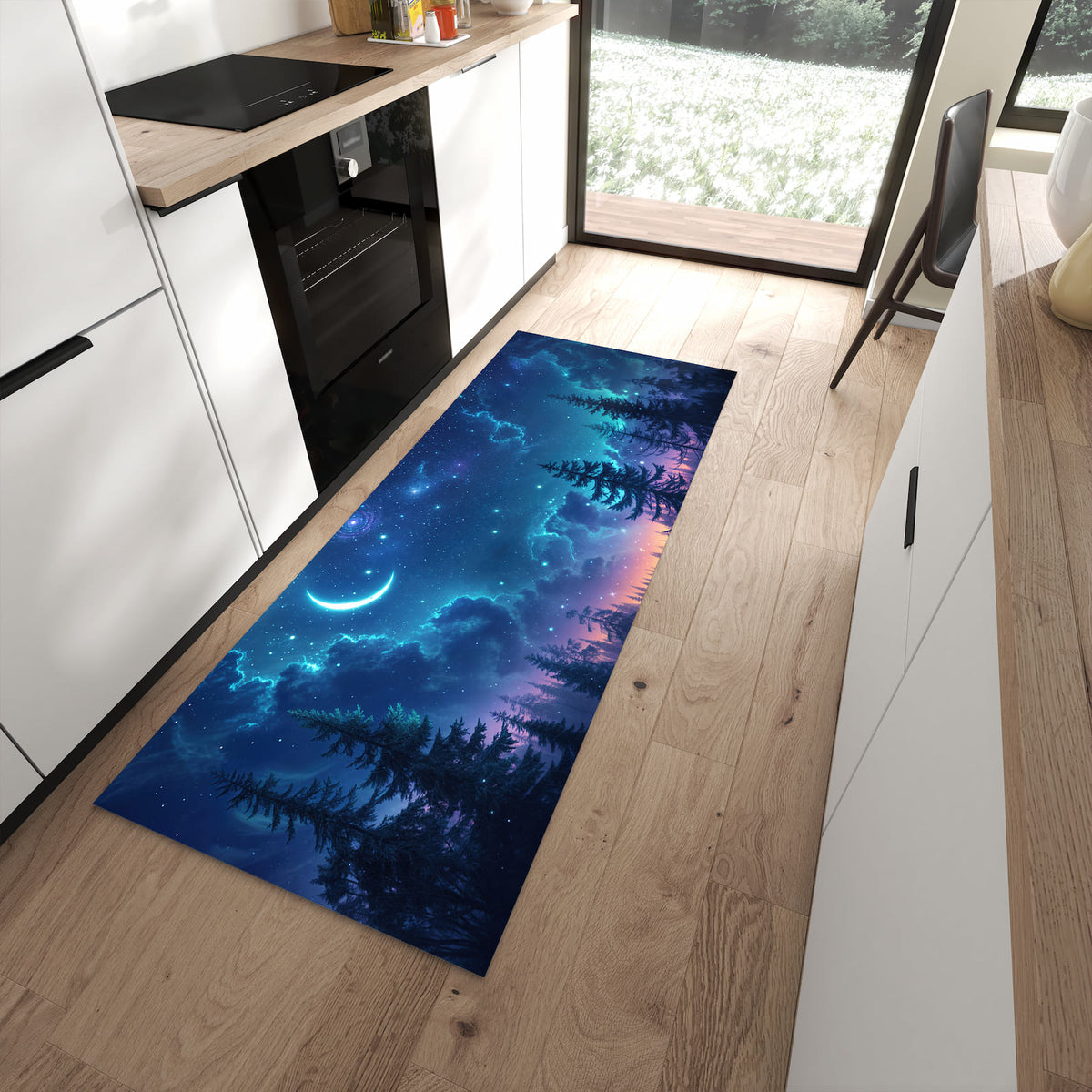Rutschfester Küchenläufer mit Motiv Nachthimmel Wald in moderner Küche
