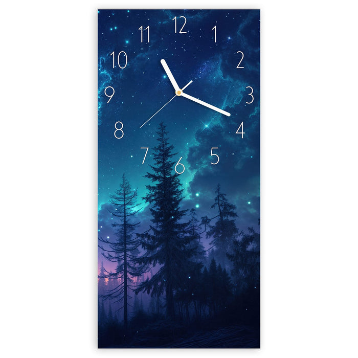 Wanduhr Nachthimmel Wald aus Glas – Hochformat 30 × 60 cm mit Ziffernblatt Elegant