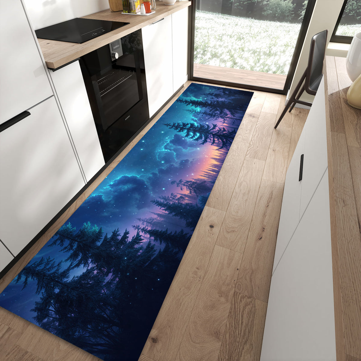 Hygienischer Küchenteppich mit Motiv Nachthimmel Wald in moderner Küche
