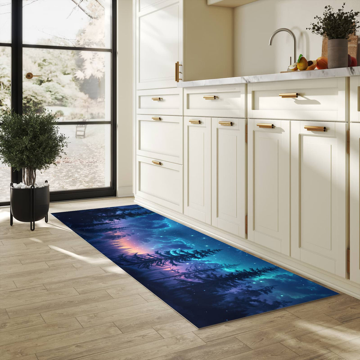 UV-beständiger Küchenläufer mit Motiv Nachthimmel Wald in heller Küche