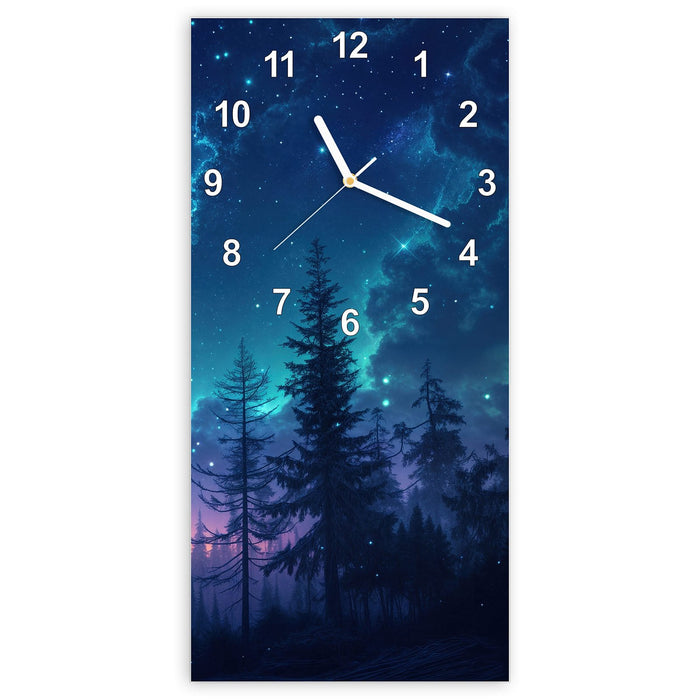 Wanduhr Nachthimmel Wald aus Glas – Hochformat 30 × 60 cm mit Ziffernblatt Modern