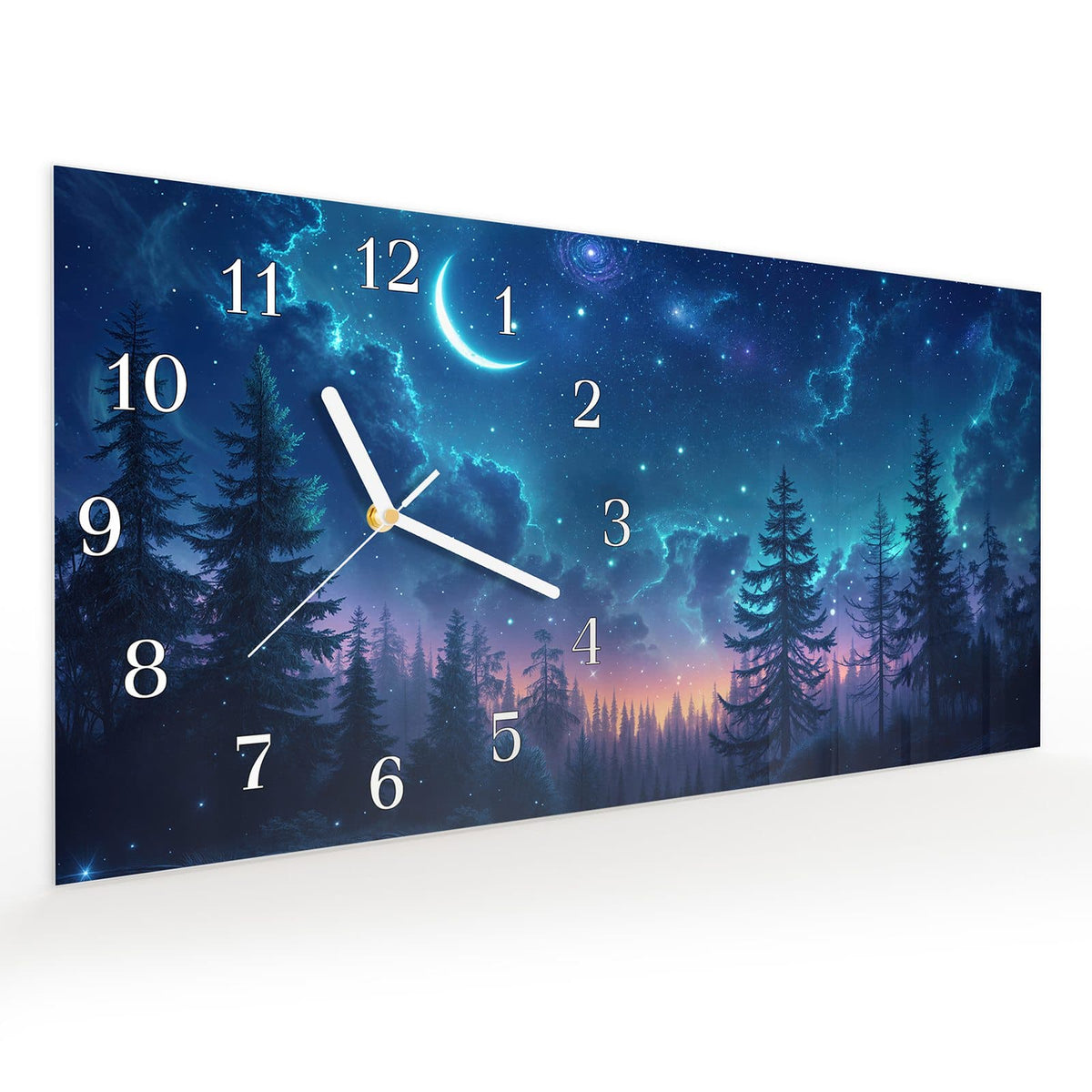 Vormontiert – mit Schwebeeffekt – Wanduhr Nachthimmel Wald aus Glas – Querformat 60 × 30 cm