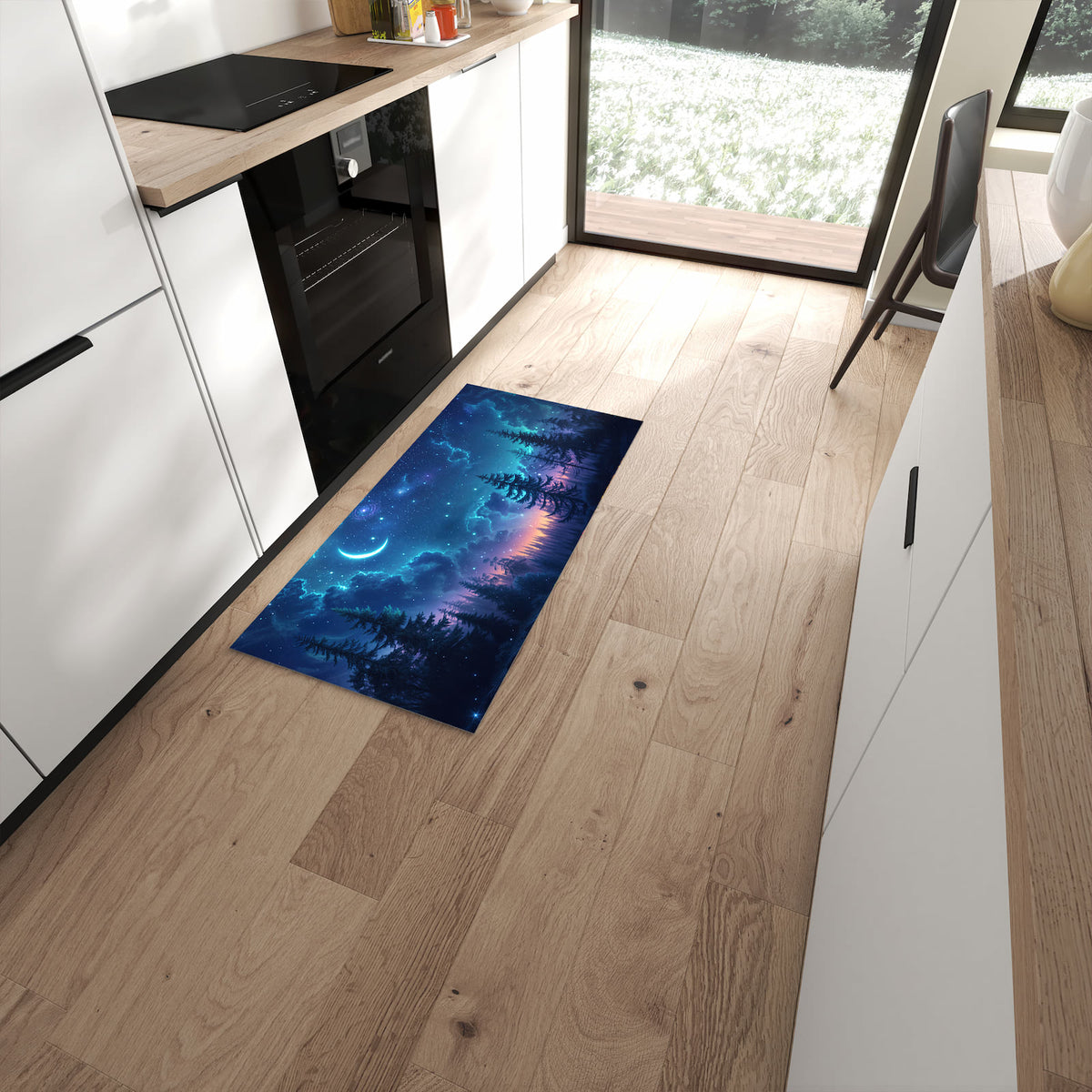 Fleckenresistenter Küchenteppich mit Motiv Nachthimmel Wald in moderner Küche #grösse_60 x 120 cm