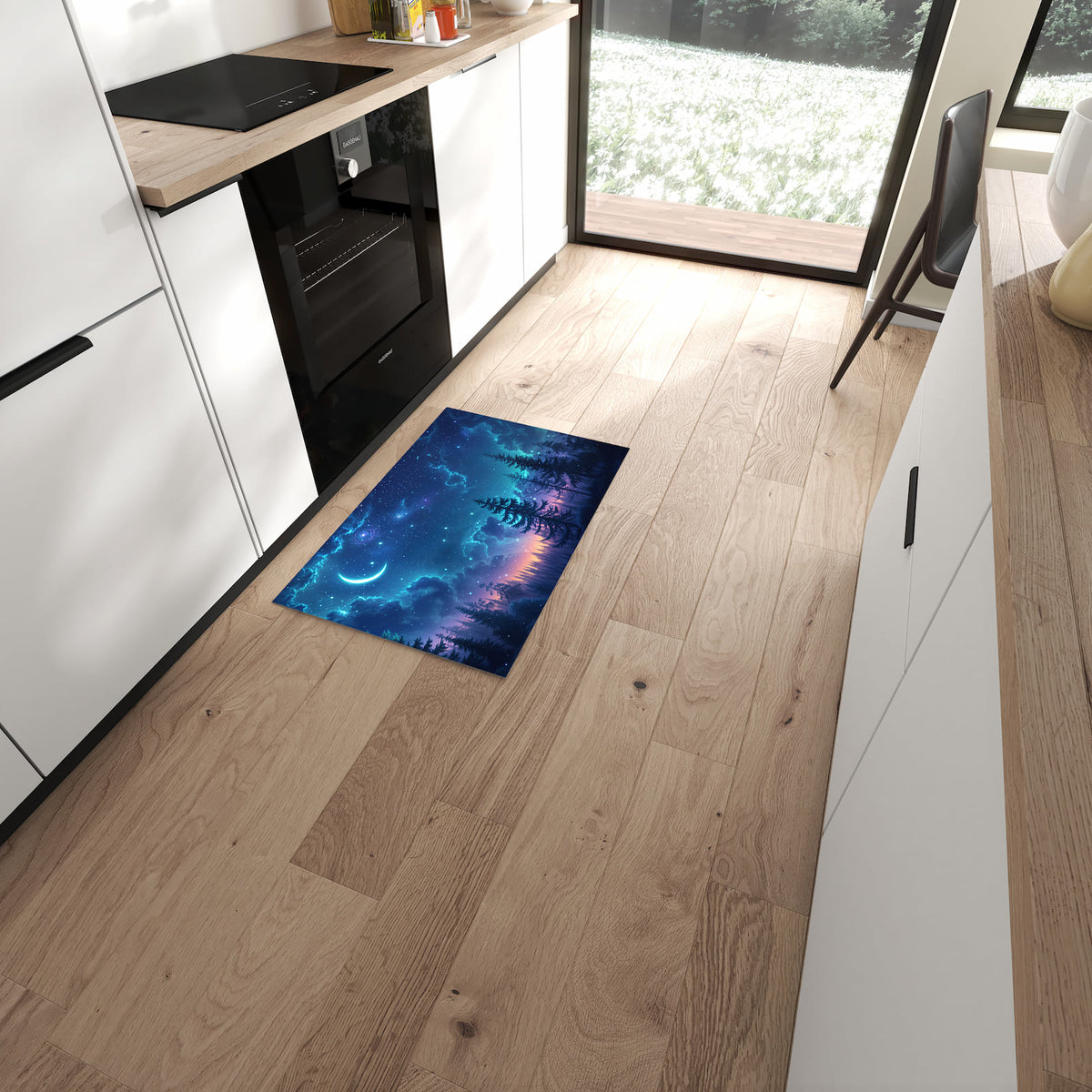 Komfortabler Küchenteppich mit Motiv Nachthimmel Wald in moderner Küche