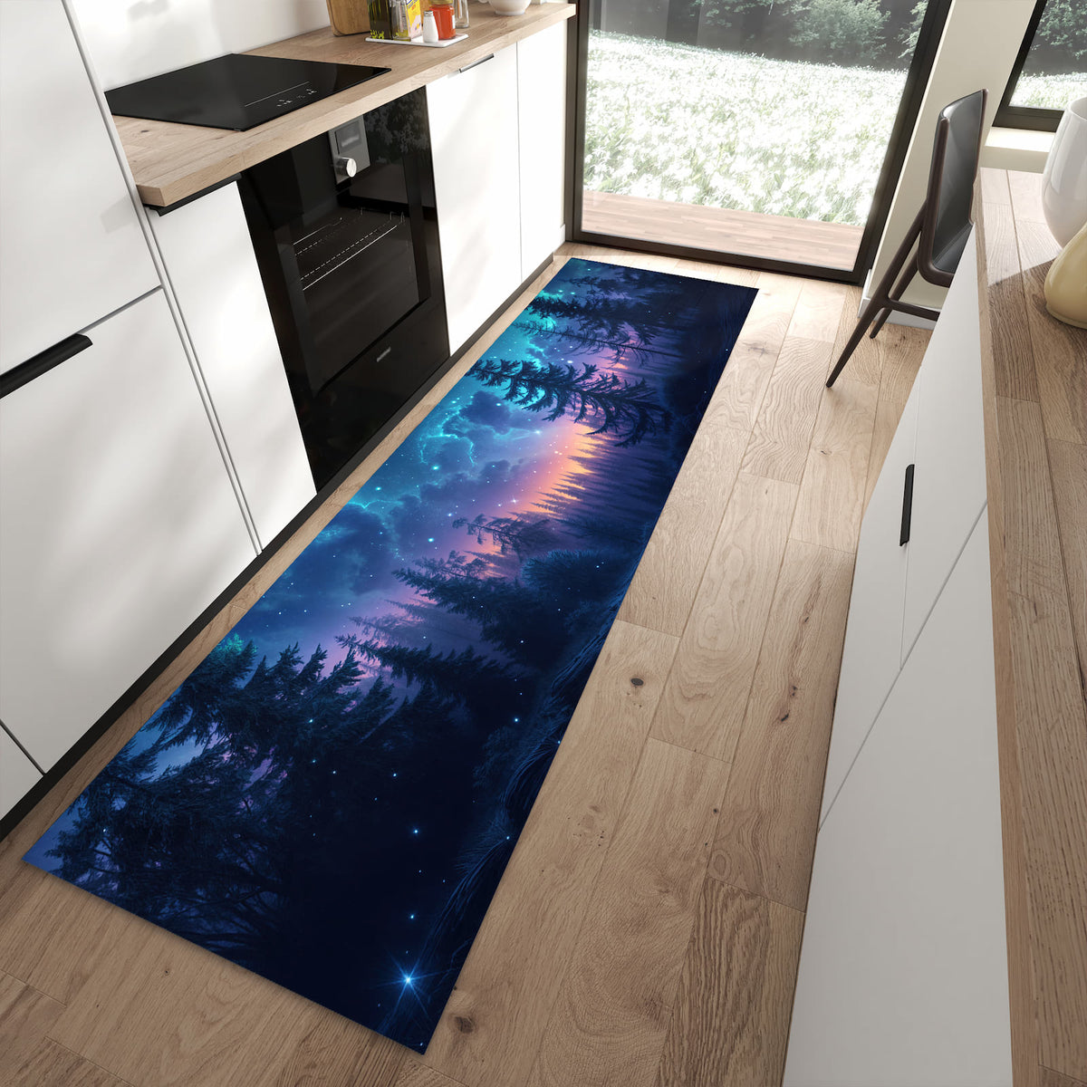 Küchenteppich mit Motiv Nachthimmel Wald für angenehme Haptik in moderner Küche