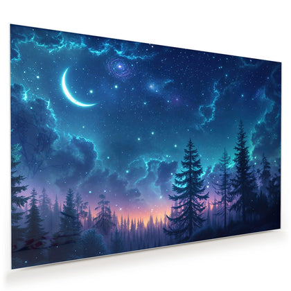Wandbild mit dem Motiv Mondsichel über Tannen