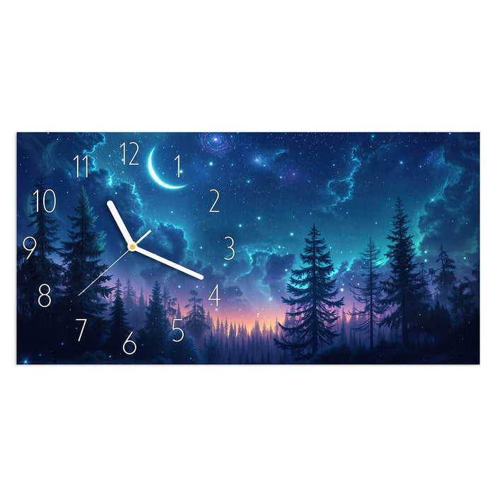 Wanduhr Nachthimmel Wald aus Glas – Querformat 60 × 30 cm mit Ziffernblatt Elegant