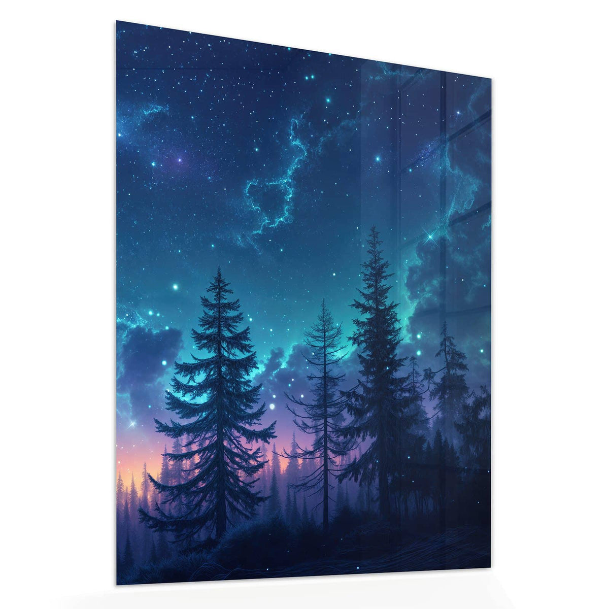 Echtglas, 4 mm – kein Acryl, keine Folie – Wandbild - Mondsichel über Tannen - Hochformat