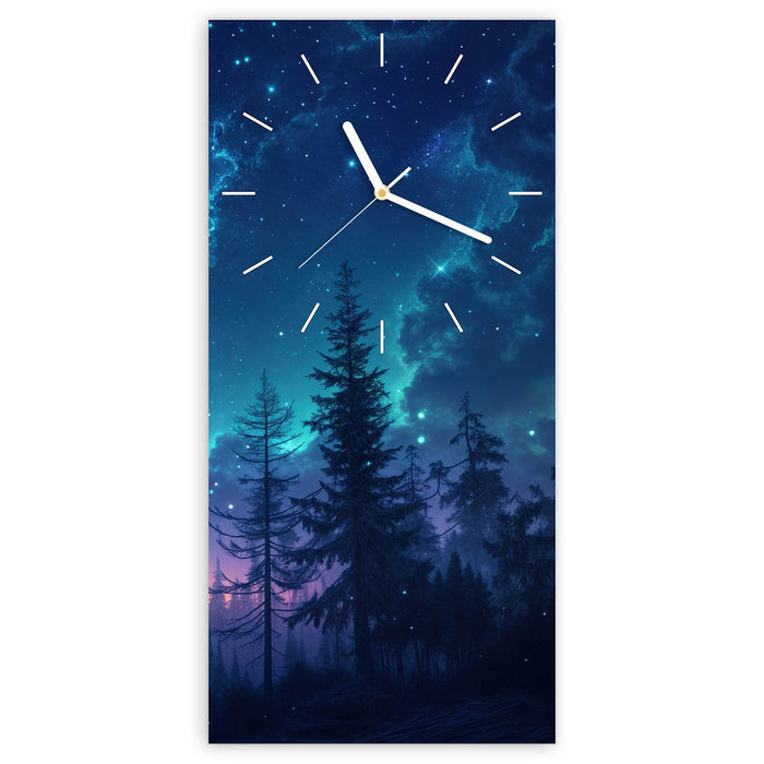 Wanduhr Nachthimmel Wald aus Glas – Hochformat 30 × 60 cm mit Ziffernblatt Linie