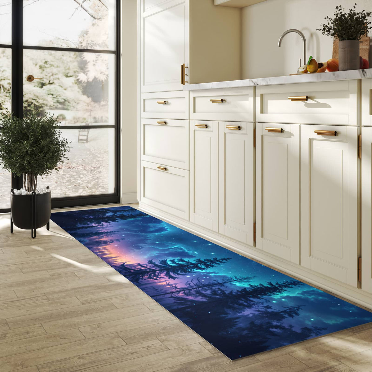 Wasserabweisender Küchenvorleger mit Motiv Nachthimmel Wald in heller Küche
