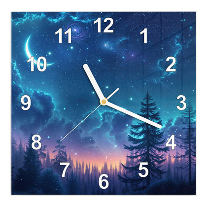 Wanduhr Quadratisch mit dem Motiv Mondsichel über Tannen