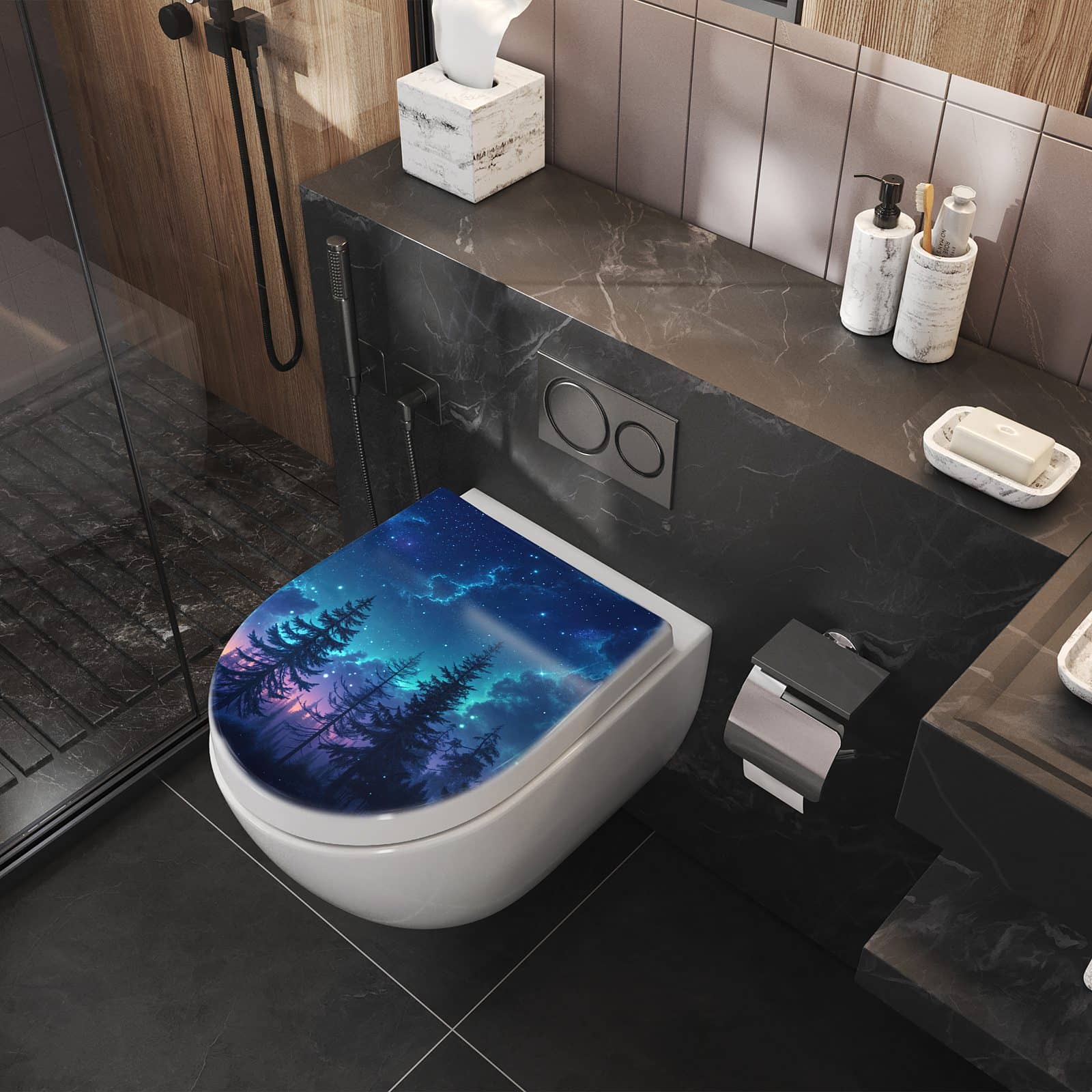 WC-Sitz mit Absenkautomatik Nachthimmel Wald