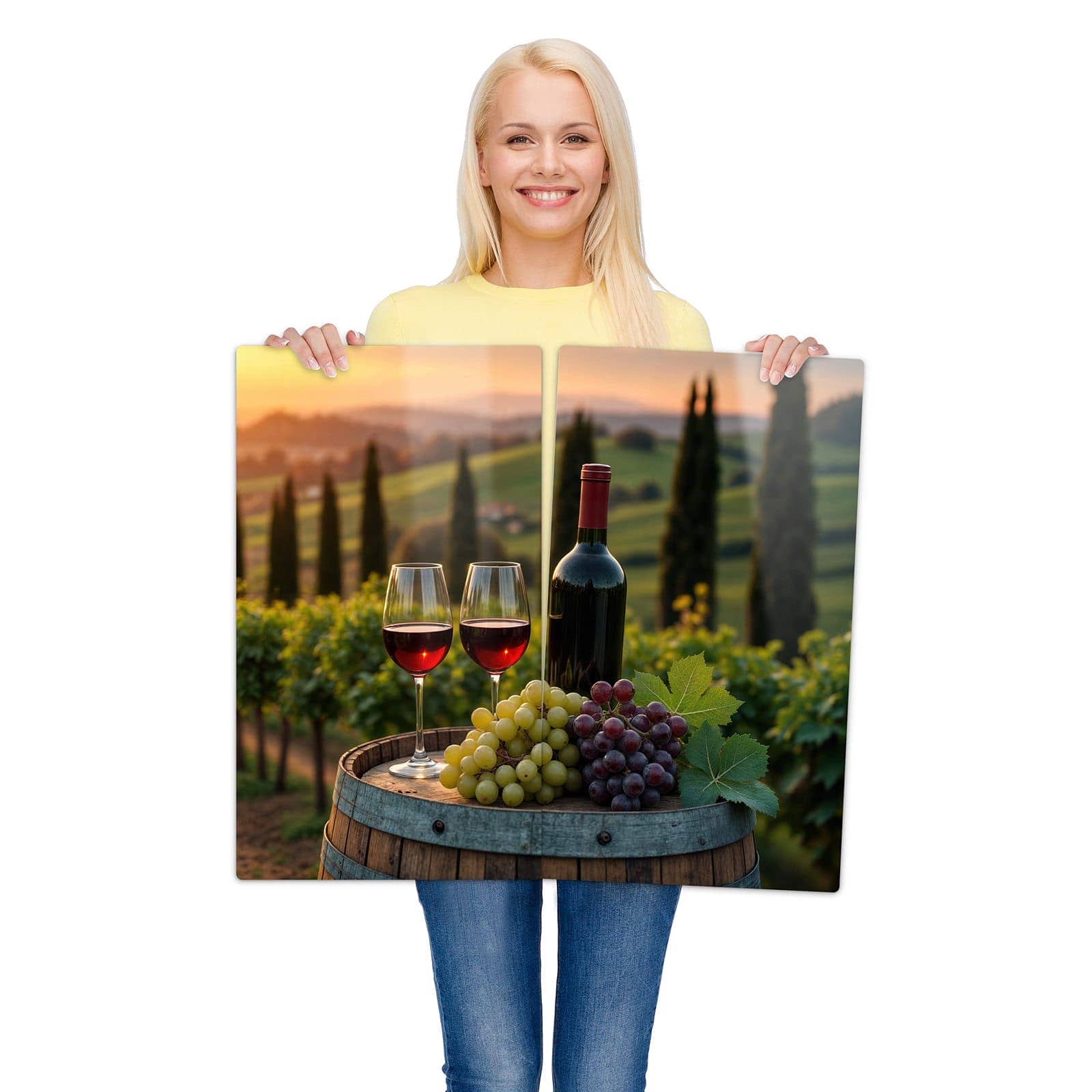 2-teilige Herdabdeckplatten für Ceranfeld mit Weinlandschaft-Motiv wird zur Größendarstellung gehalten
