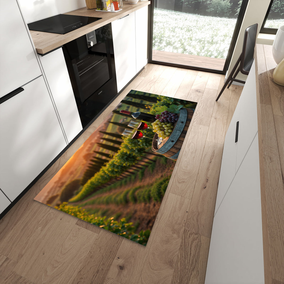 Komfortabler Küchenteppich mit Motiv Weinlandschaft in moderner Küche - abwaschbar