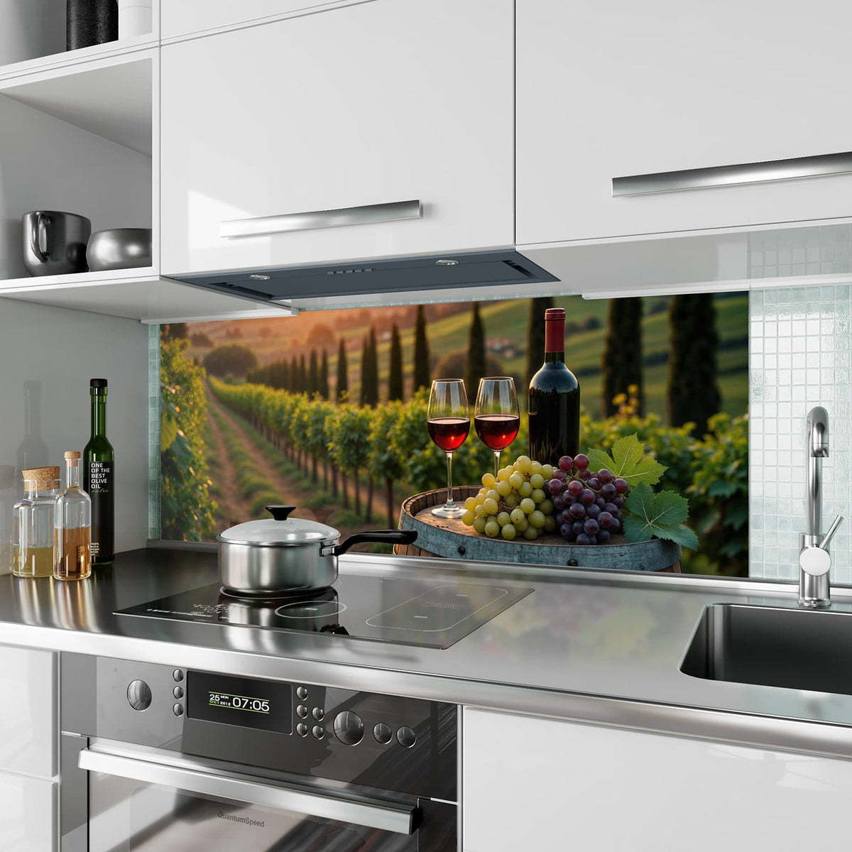 Küchenrückwand aus Glas Rotwein im Weinberg im Hochformat als Spritzschutz hinter dem Kochfeld, über dem Fliesenspiegel montiert