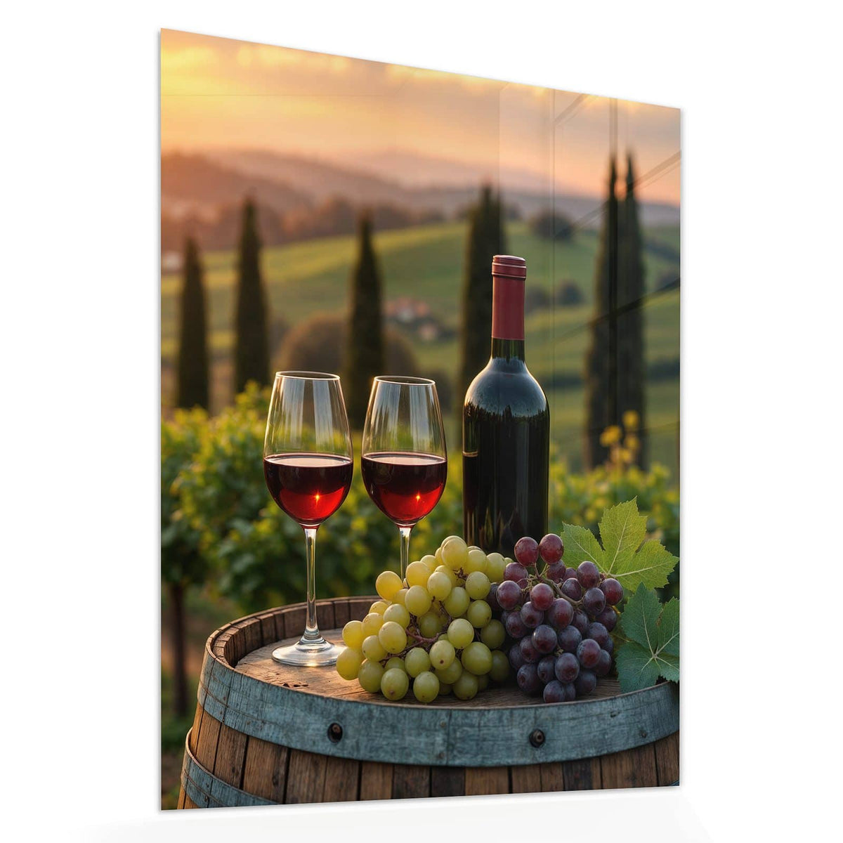 Echtglas, 4 mm – kein Acryl, keine Folie – Wandbild - Rotwein im Weinberg - Hochformat