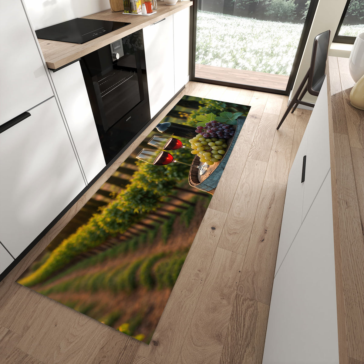 Geräuschdämpfender waschbarer Küchenläufer mit Motiv Weinlandschaft in moderner Küche